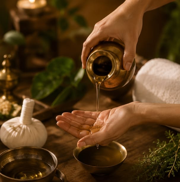 Traditional ayurvedic massage in a natural outdoor setting